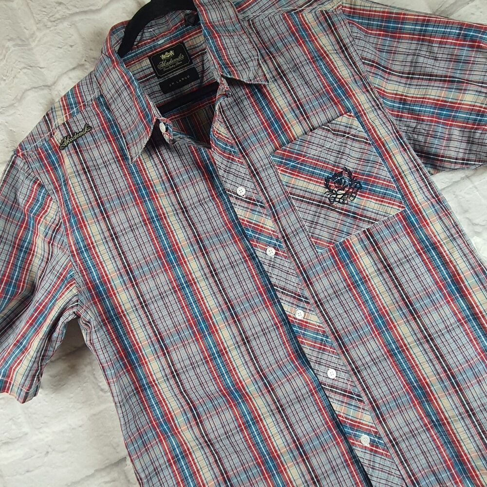 Akademiks Plaid Button Down Short Sleeve Shirt Brown Men’s Size XXL Red Blue